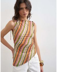 TOPSHOP - Mesh Stripe Ruched Shoulder Asymmetric Top - Lyst