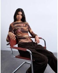 TOPSHOP - Abstract Print Ruched Long Sleeve Top - Lyst