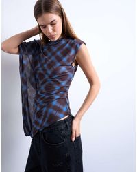 TOPSHOP - Mesh Check Print Asymmetric One Sleeve Top - Lyst