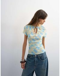 TOPSHOP - Check Mesh Key Hole Detail Short Sleeve Top - Lyst