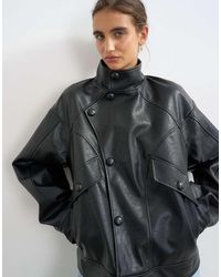 TOPSHOP - Oversized Faux Leather Funnel Button Through Jacket - Lyst