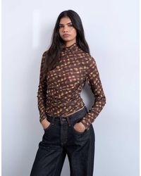 TOPSHOP - High Neck Ruched Check Print Long Sleeve Top - Lyst