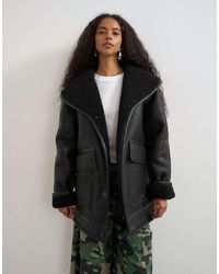 TOPSHOP - Oversized Faux Leather Shearling Jacket With Patch Pockets - Lyst