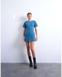 TOPSHOP - Denim Short Sleeved Structured Mini Dress - Lyst