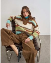 TOPSHOP - Knitted Hairy Stripe Polo Collared Jumper - Lyst