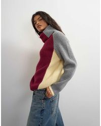 TOPSHOP - Knitted Premium Pure Lambswool Colour Block High Neck Jumper - Lyst