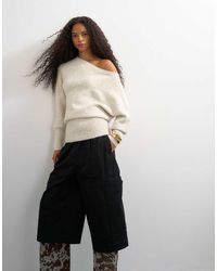 TOPSHOP - Knitted Asymmetric Neck Fluffy Longline Draped Jumper With Wool - Lyst