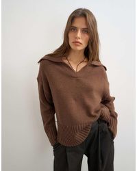 TOPSHOP - Knitted Curved Hem Collared Polo Jumper With Wool - Lyst