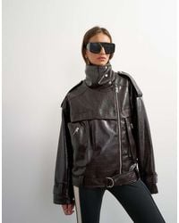 TOPSHOP - Oversized Faux Croc Leather Fold Funnel Biker - Lyst