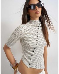 TOPSHOP - Stripe High Neck Ruffle Button Through Half Sleeve Top - Lyst