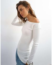 TOPSHOP - Rib Asymmetric Off The Shoulder Long Sleeve Top - Lyst