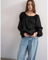 TOPSHOP - Trapeze Linen Blend Tie Front Blouse - Lyst