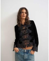 TOPSHOP - Lace Applique Velvet Blouse - Lyst