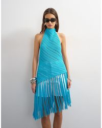 TOPSHOP - Knitted Halterneck Longline Fringing Tunic - Lyst