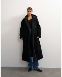 TOPSHOP - Longline Borg Trim Funnel Neck Coat - Lyst