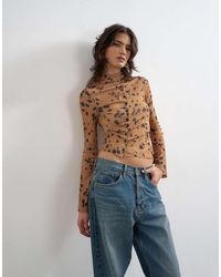 TOPSHOP - Mesh High Neck Ruffle Button Long Sleeve Top - Lyst