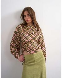 TOPSHOP - Check Print Long Sleeve Ruched Side Top - Lyst