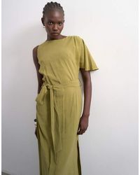 TOPSHOP - Asymmetric Sleeve Tie Waist Cupro Maxi Dress - Lyst