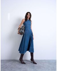 TOPSHOP - Denim Dropped Waist Seam Detail Maxi Dress - Lyst