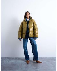 TOPSHOP - High Shine Mid Length Funnel Neck Puffer Jacket - Lyst