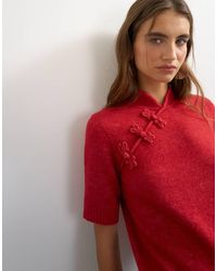 TOPSHOP - Knitted Deep Rib Mandarin Collar Short Sleeve Top With Wool - Lyst