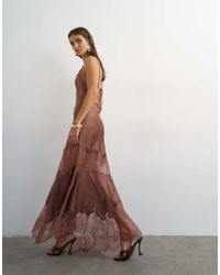 TOPSHOP - Satin V Neck Maxi Slip Dress With Lace Inserts - Lyst