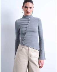 TOPSHOP - High Neck Ruffle Button Long Sleeve Top - Lyst