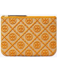 Tory Burch T Monogram Embroidered Straw Pouch - Orange