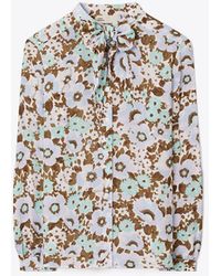 Tory Burch - Printed Viscose Bow Blouse - Lyst