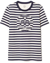 Tory Burch Striped T-shirt With Double T Application Xs Cotton - Black