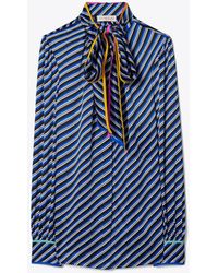Tory Burch Bias Stripe Contrast Binding Silk Bow Blouse - Blue