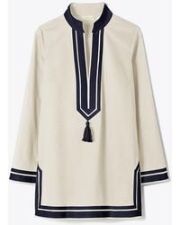 Tory Burch - Cotton Short Dress With Contrasting Profiles - Lyst
