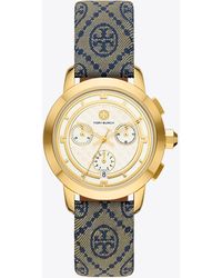 Tory Burch T Monogram Tory Watch, Navy/Gold-Tone Stainless Steel, 37 x 37 MM - Mettallic