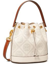 Tory Burch T Monogram Perforated Leather Bucket Bag - White
