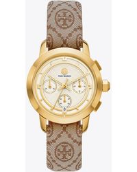 Tory Burch - T Monogram Tory Watch, Jacquard/Luggage Leather/gold-tone Stainless Steel, 37 X 37mm - Lyst