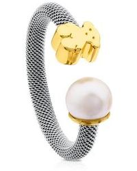 Tous Steel And Gold Icon Mesh Ring With Pearl Bear Motif - Metallic