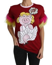 Dolce & Gabbana - Pig Print Feather Sleeves T-shirt Top - Lyst