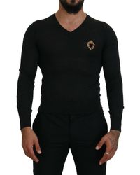 Dolce & Gabbana - Cashmere V-neck Sweater With Gold Heart Embroidery - Lyst