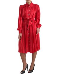 Dolce & Gabbana - Red Satin Silk Button Down Belted Midi Dress - Lyst