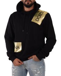 Dolce & Gabbana - Black Cotton Hooded Gold Logo Pullover Sweater - Lyst