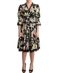 Dolce & Gabbana - Elegant Lily Print Midi Dress With Lace Trim - Lyst