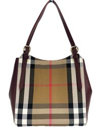 Burberry - Small Canterby Mahogany Leather Check Canvas Tote Bag Purse - Lyst