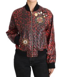 Dolce & Gabbana Leopard Button Crystal Leather Jacket Red Jkt2419