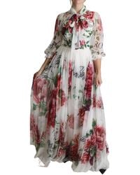 Dolce & Gabbana Floral Rose Silk Print Floor Length Dress - White