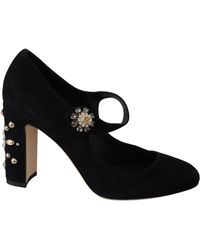 Dolce & Gabbana - Black Suede Crystal Heels Mary Jane Shoes - Lyst