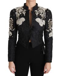 Dolce & Gabbana Jacquard Crystal Floral Jacket Black Jkt2403 - Blue