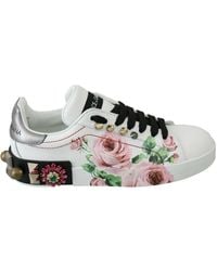 Dolce & Gabbana - White Leather Crystal Roses Floral Sneakers - Lyst