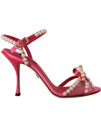 Dolce & Gabbana Pink Satin White Pearl Crystals Heels Shoes - Red