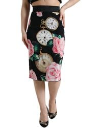 Dolce & Gabbana - Black Rose Clock High Waist Pencil Cut Skirt - Lyst