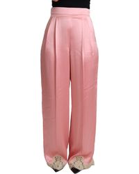 Dolce & Gabbana Lace Trimmed Silk Satin Wide Legs Pants - Pink